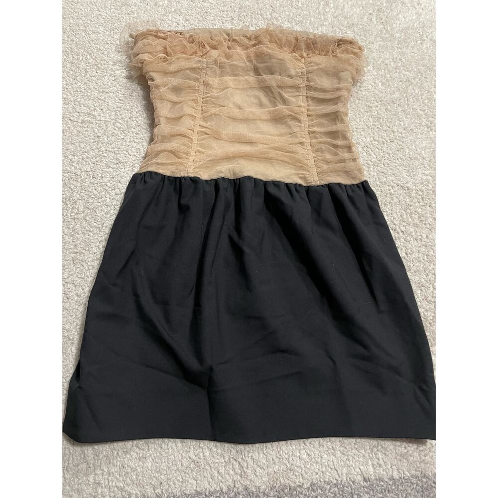 Elizabeth James 10 Wool Silk Strapless Lace Ruched Mini Dress Tan Black MSRP$375